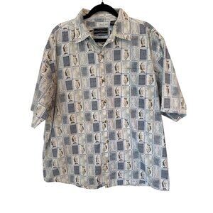 Field & Stream Button Up Shirt XL Fish Print Short Sleeve Blue White 100% Cotton